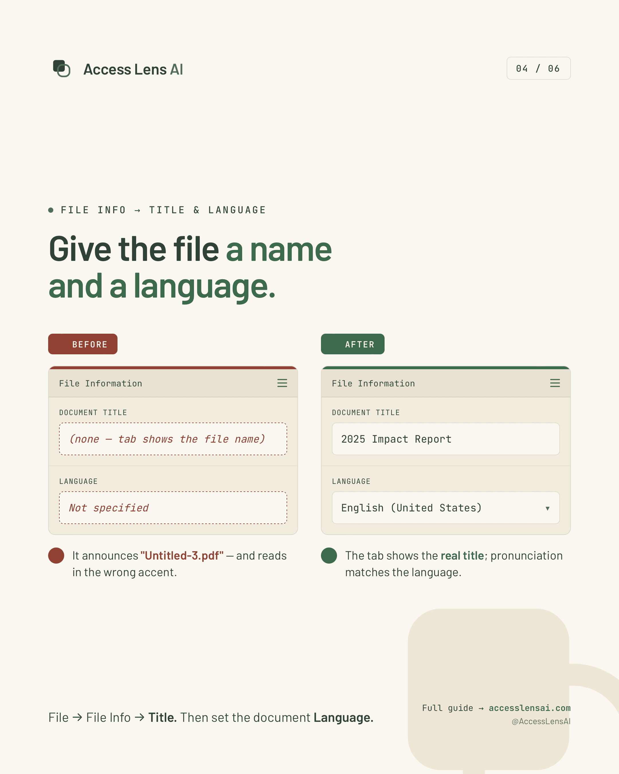 Before-and-after poster showing empty document title and unspecified language compared with a titled English document.