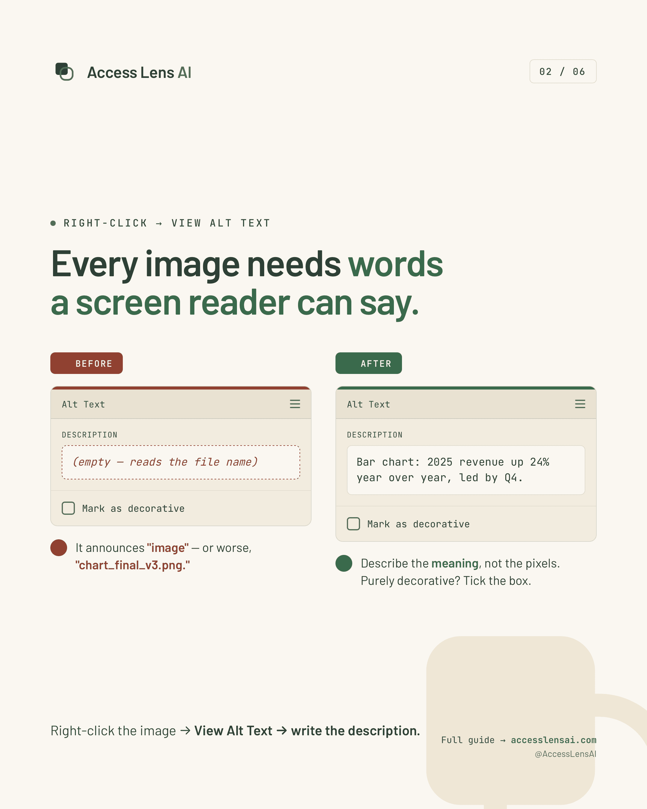 Before-and-after comparison showing missing and useful alternative text in Microsoft Word.