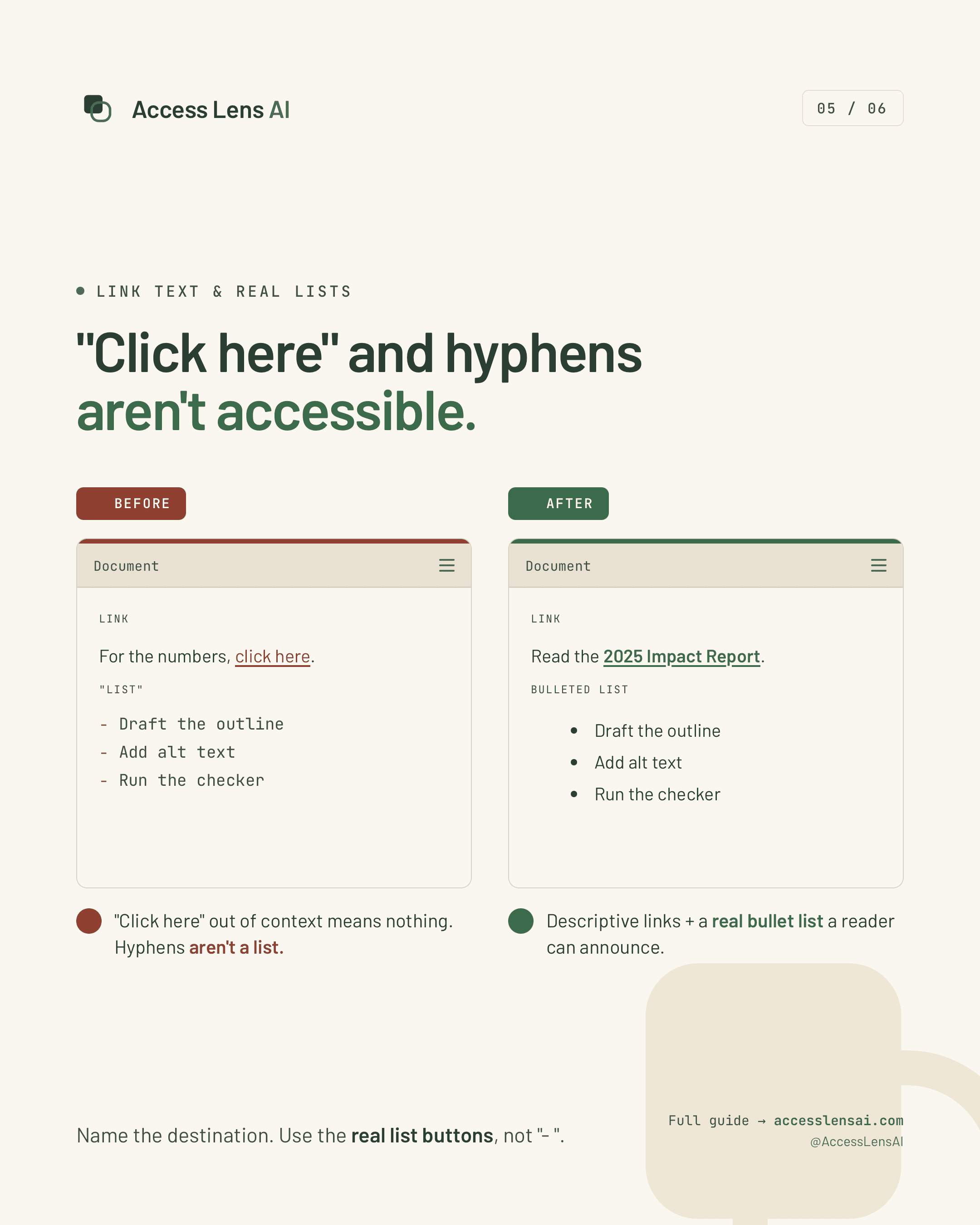 Before-and-after comparison showing generic link text and typed hyphens versus a descriptive link and a real bulleted list.