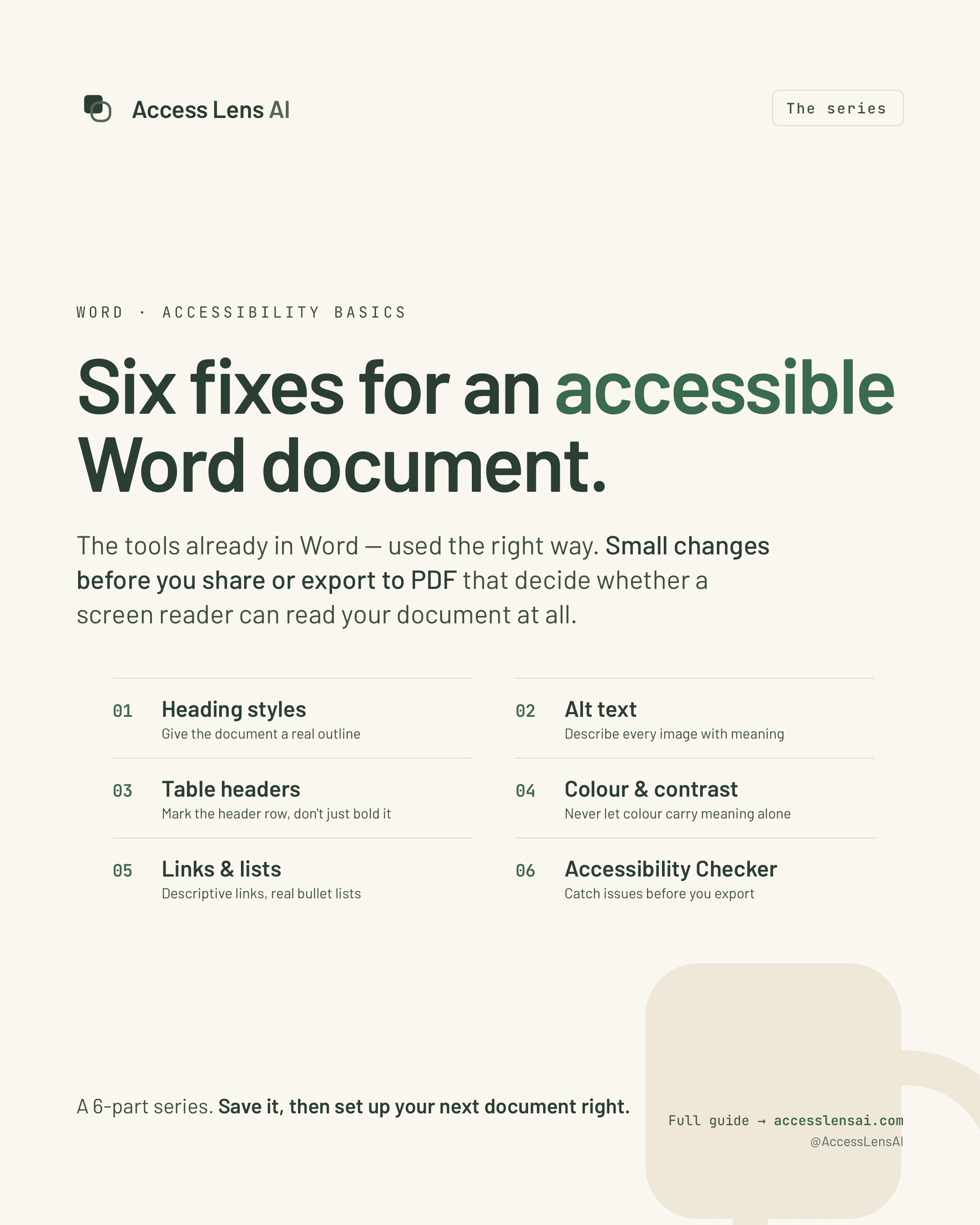 Word accessibility series cover listing six document accessibility fixes.